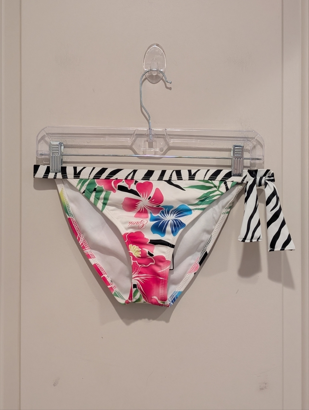 Guess Floral Tie-Side Bikini Bottoms in White, Pink & Blue Size Medium
